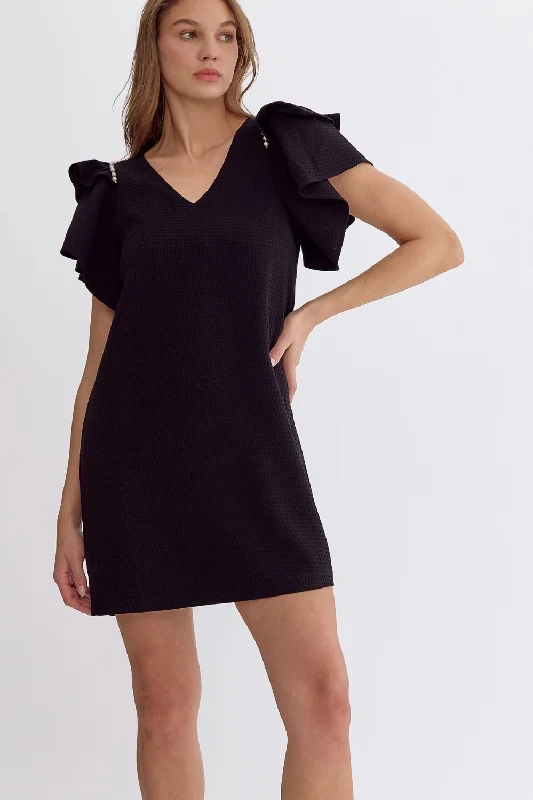 Waffle Textured V-Neck Short Sleeve Mini Dress