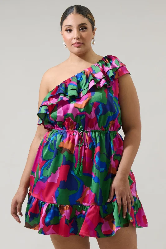 Evolet Floral Paradise Satin One Shoulder Mini Dress Curve