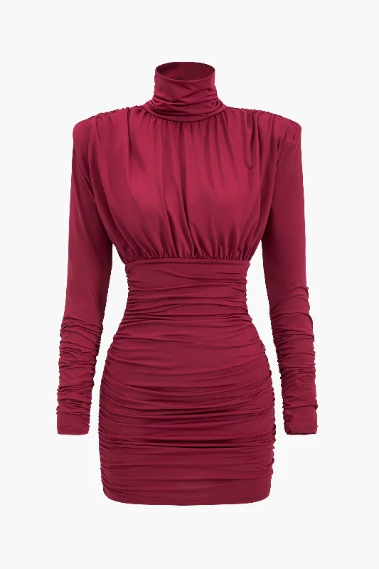 Ruched Long Sleeve Turtleneck Mini Dress