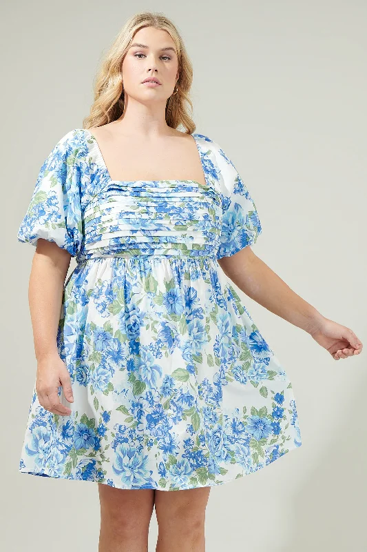 Truth Be Told Blue Floral Pleated Mini Dress Curve