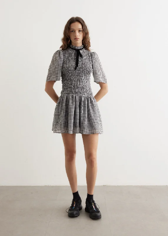 Sheer Fluid Check Mini Smock Dress