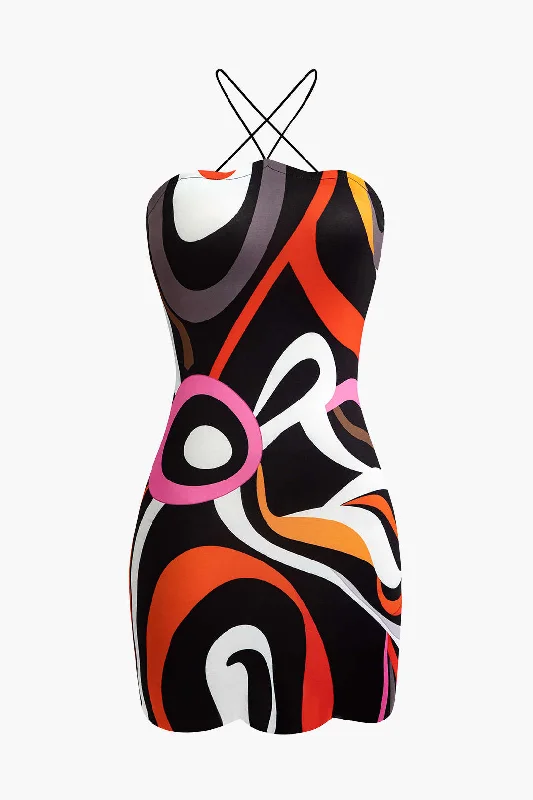 Abstract Print Cross Strap Mini Dress