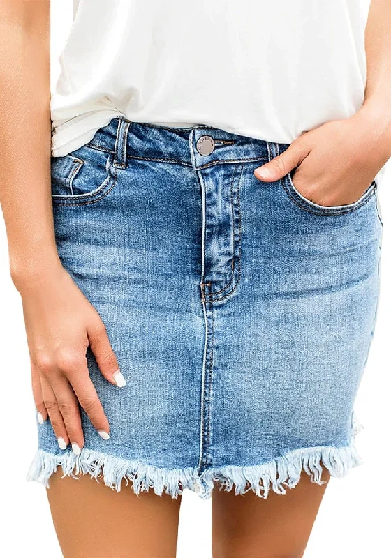 Light Blue Frayed Hem Washed Denim Mini Skirt