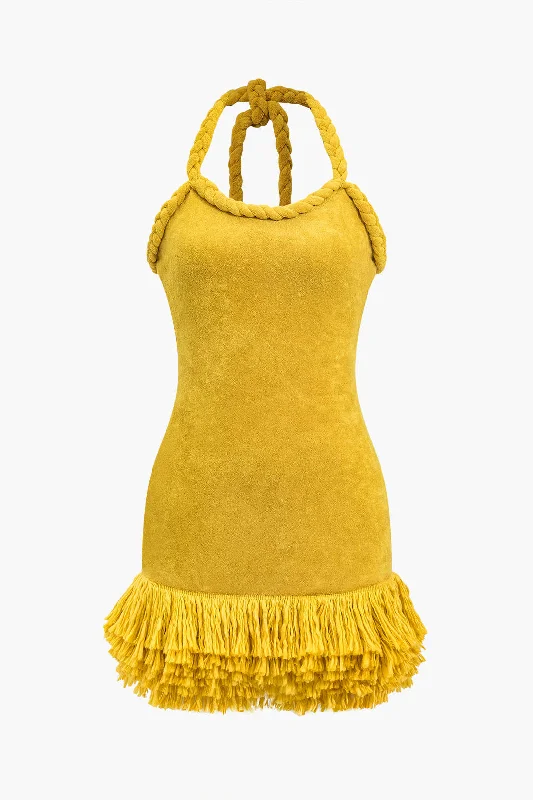 Solid Hand-Woven Fringe Mini Dress