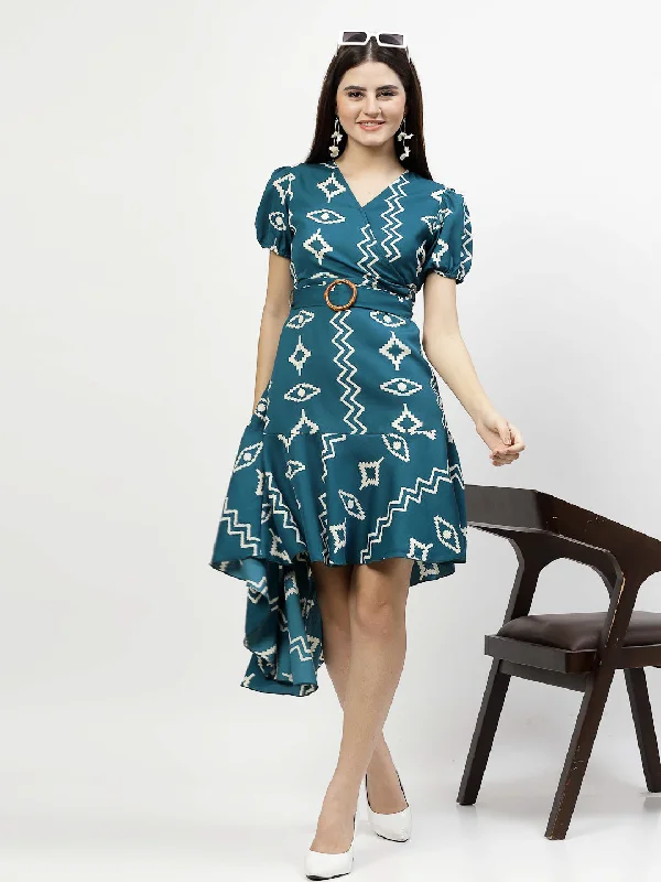 Printed V Neck Mini Dress with Belt