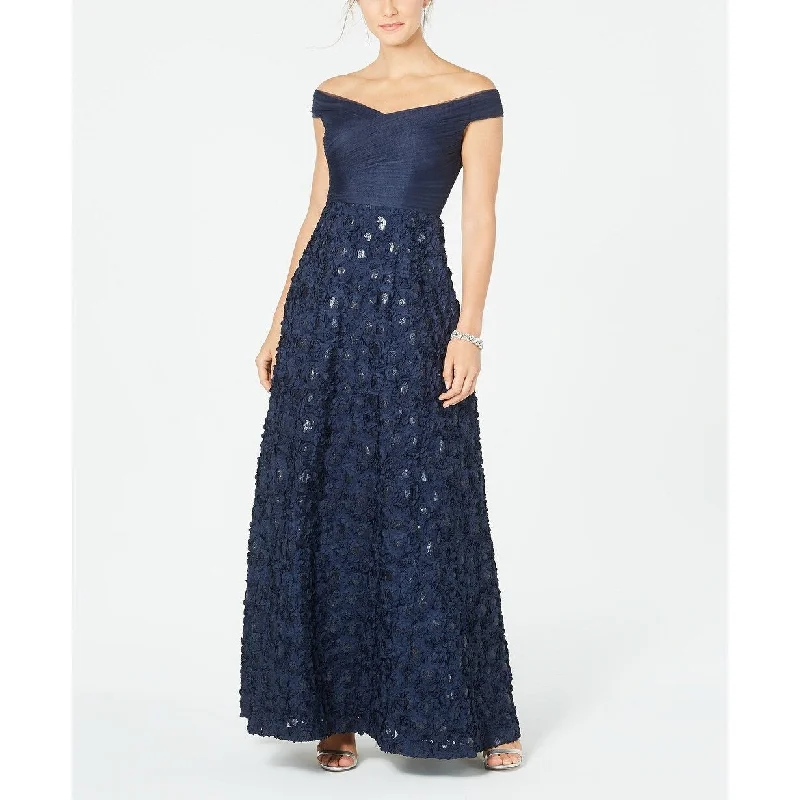 Adrianna Papell Women's Off-The-Shoulder Floral Gown Navy Size 4