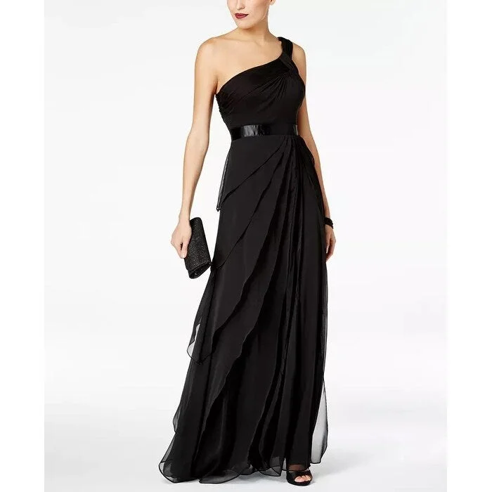 Adrianna Papell Women's One-Shoulder Tiered Chiffon Gown Black Size 4