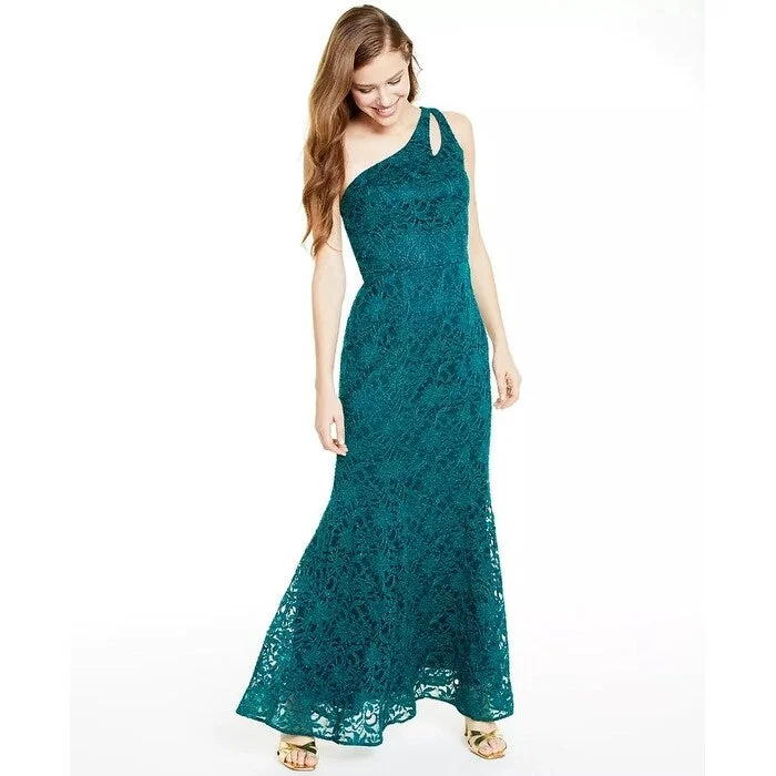 BCX Juniors' One Shoulder Glitter Lace Gown Green Size 3