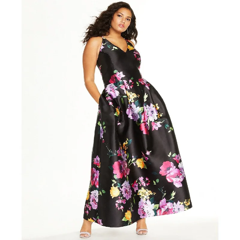 Bcx Women's Trendy Plus Size Floral-Print Plunge Gown Black Size 24W