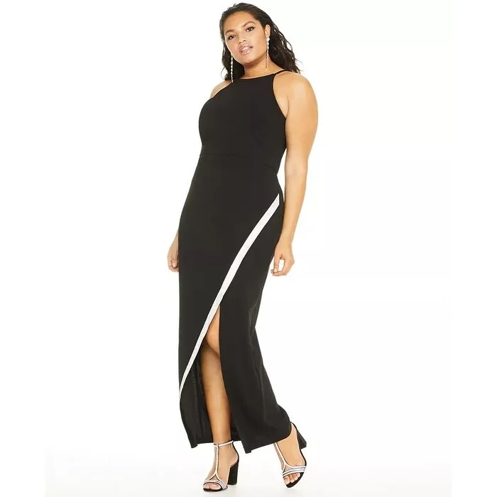 BCX Women's Trendy Plus Size Rhinestone Bias Slit Gown Black Size Extra Large