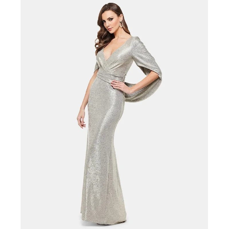 Betsy & Adam Women's Metallic Surplice Cape Gown Silver Size 10