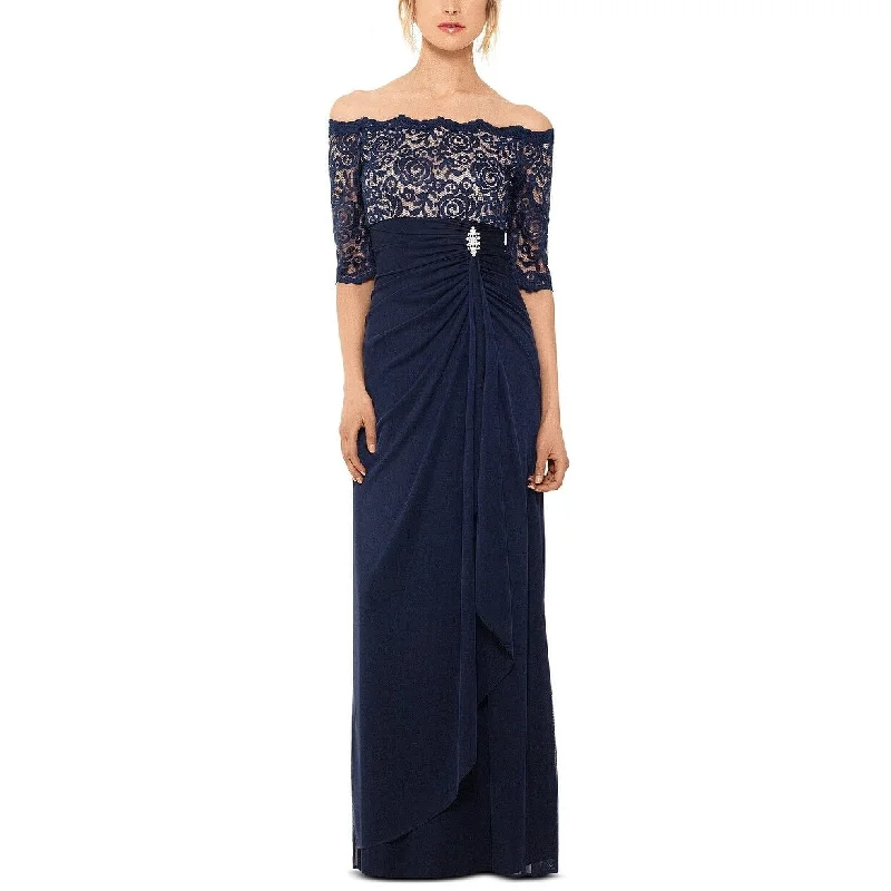 Betsy & Adam Women's Off-The-Shoulder Lace Gown Dark Blue Size 4