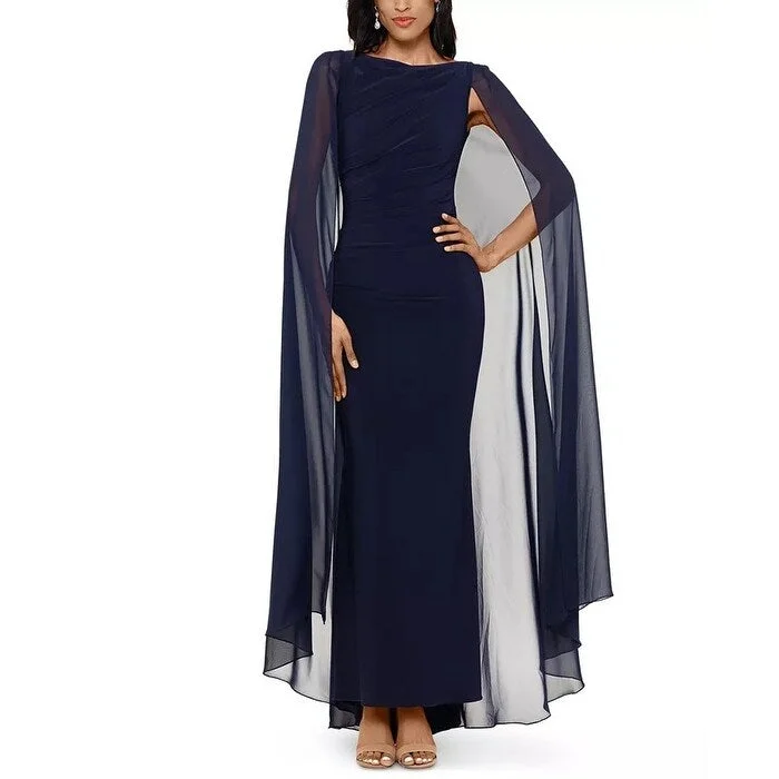 Betsy & Adam Women's Ruched Trumpet Gown With Chiffon Cape Navy Size 14