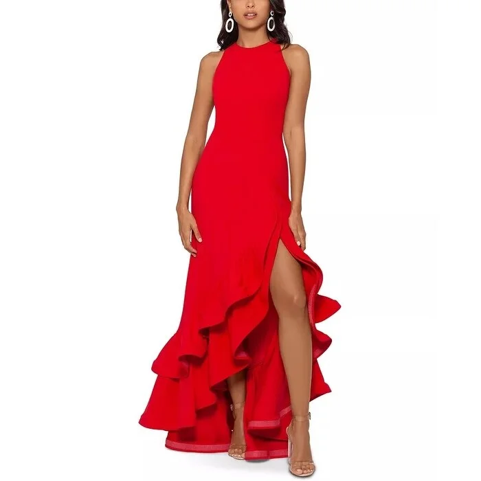 Betsy & Adam Women's Tiered Ruffles Scuba Crepe Gown Red Size 10