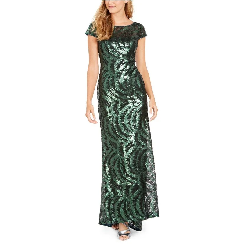 Calvin Klein Women's Cap-Sleeve Sequined V-Back Gown Green Size 14