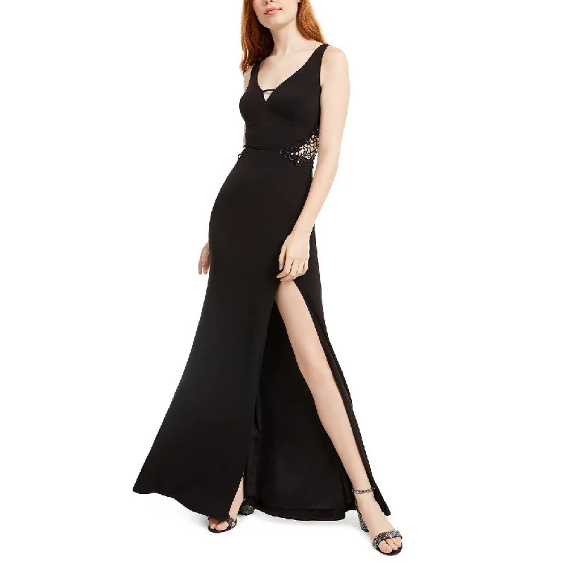 City Studios Junior's Embellished Applique Slit Gown Black Size 0