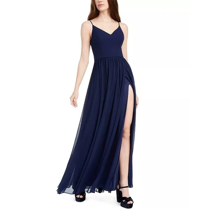 City Studios Juniors' Slit-Hem Gown Navy Size 3