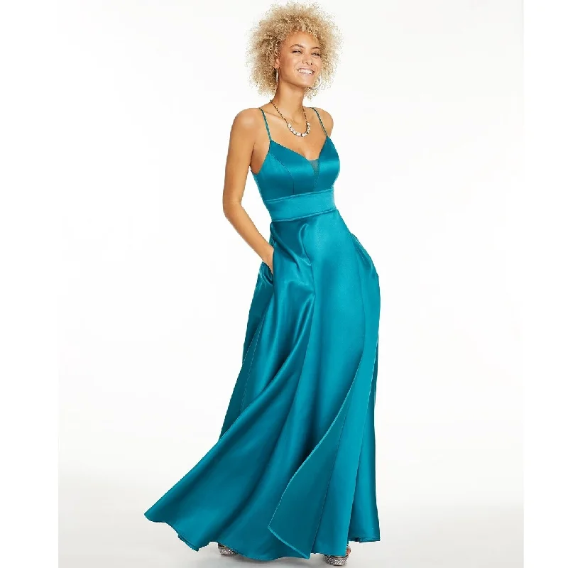 City Studios Junior's Stretch Satin Faux Wrap Gown Blue Size 3