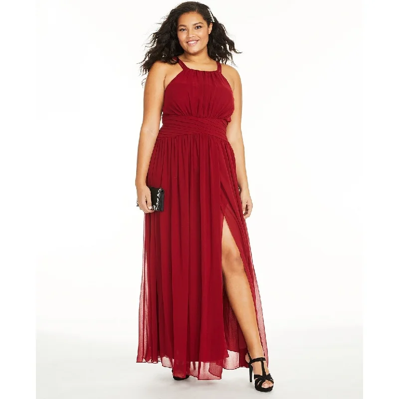 City Studios Women's Trendy Plus Size Ruched Chiffon Slit Gown Red Size18