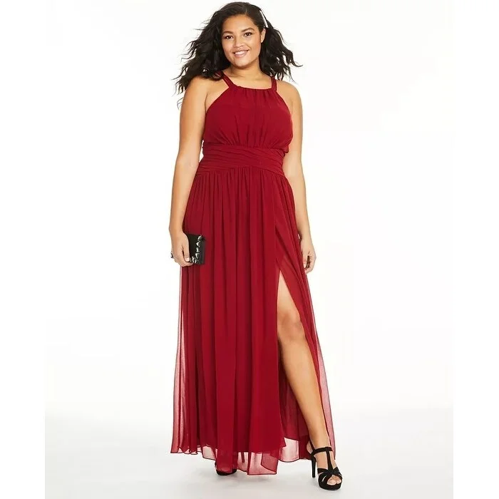 City Studios Women's Trendy Plus Size Ruched Chiffon Slit Gown Wine Size Small Petite