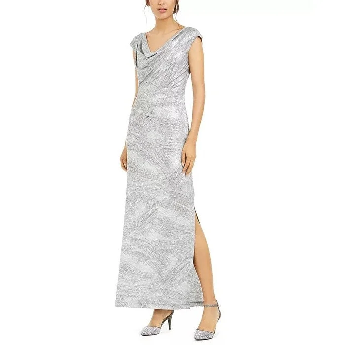 Connected Women's Cowlneck Metallic Slit Gown Gray Size 8