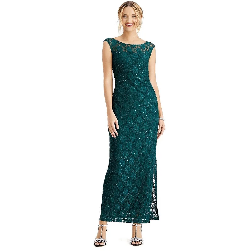 Connected Women's Sequined Lace Slit Gown Dark Green Size 12