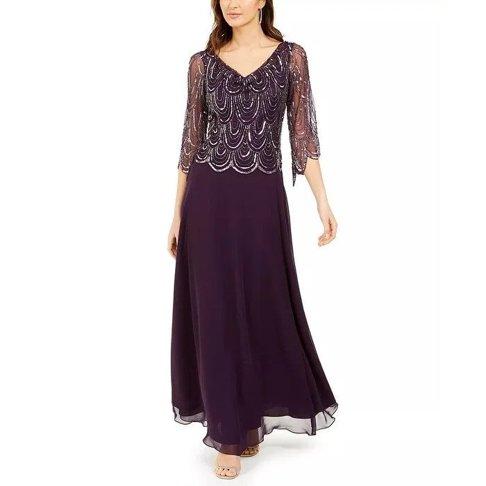 J Kara Women's Cowlneck Beaded Gown Purple Size 18