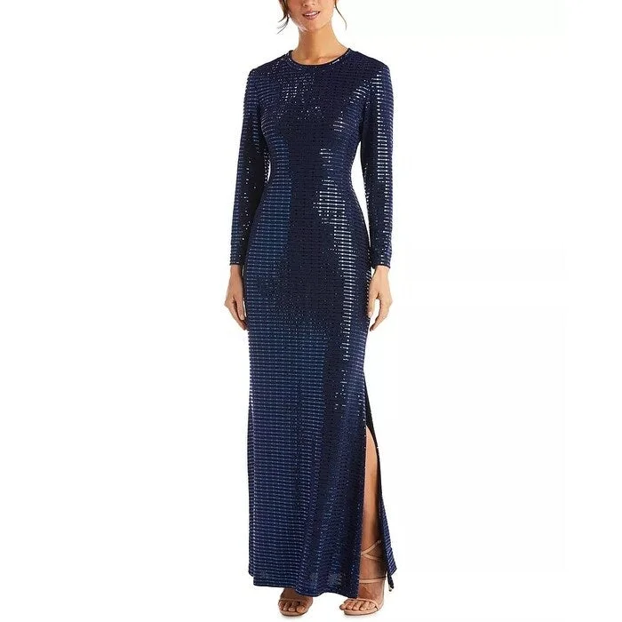 Morgan & Co. Women's Long Sleeve Sequin Knit Gown Navy Size Small