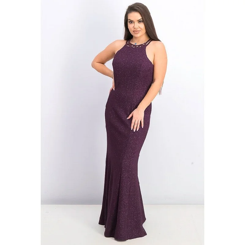 Nightway Women's Glitter Knit Gown Dark Purple Size 6