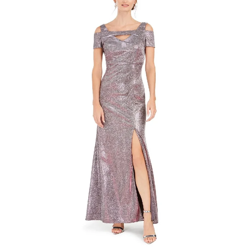 Nightway Women's Metallic Cold-Shoulder Gown Purple Size 10