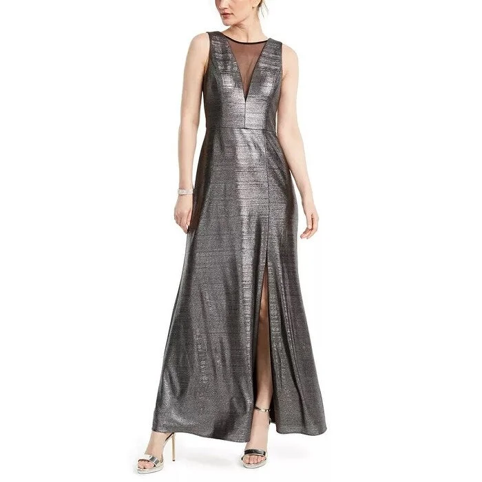 Nightway Women's Metallic Illusion-Mesh Gown Gray Size 14