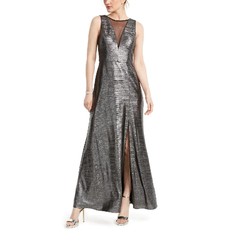 Nightway Women's Metallic Illusion-Mesh Gown Gunmetal Size 4