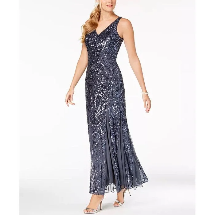 Nightway Women's Sequined Mesh Gown Grey Size 14