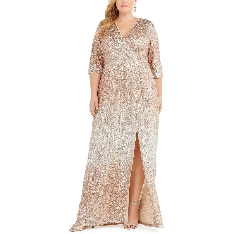 R & M Richards Women's Plus Size Sequined Surplice Gown Brown Size 18W