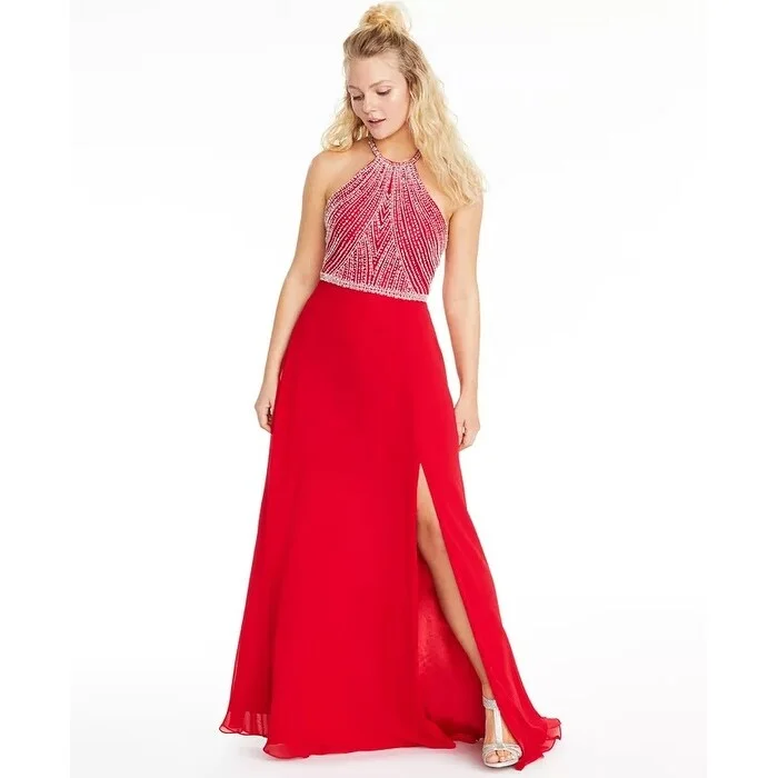 Say Yes To The Prom Juniors' Allover-Beaded Halter Gown Red Size 0