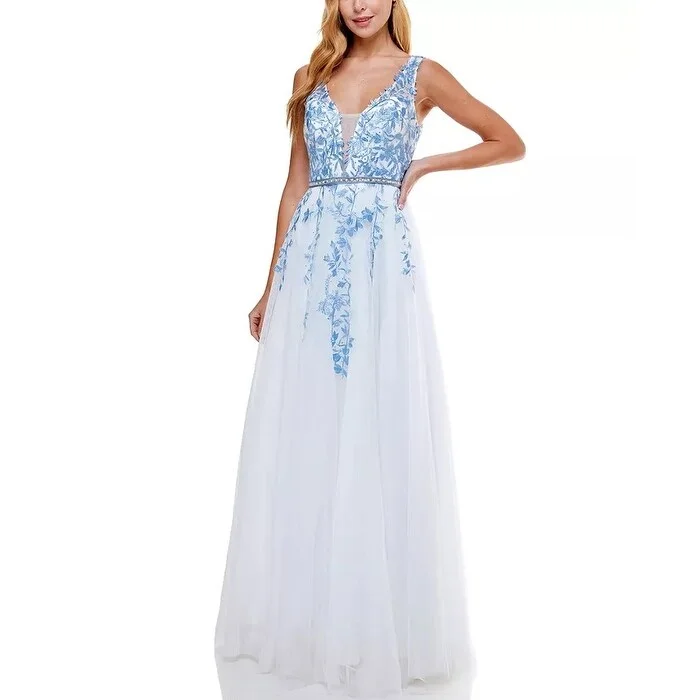 Say Yes To The Prom Junior's Embellished Embroidered Gown Blue Size 9