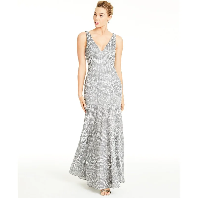 Sequin Hearts Women's Glitter V-Neck Trumpet Gown Silver Size 5