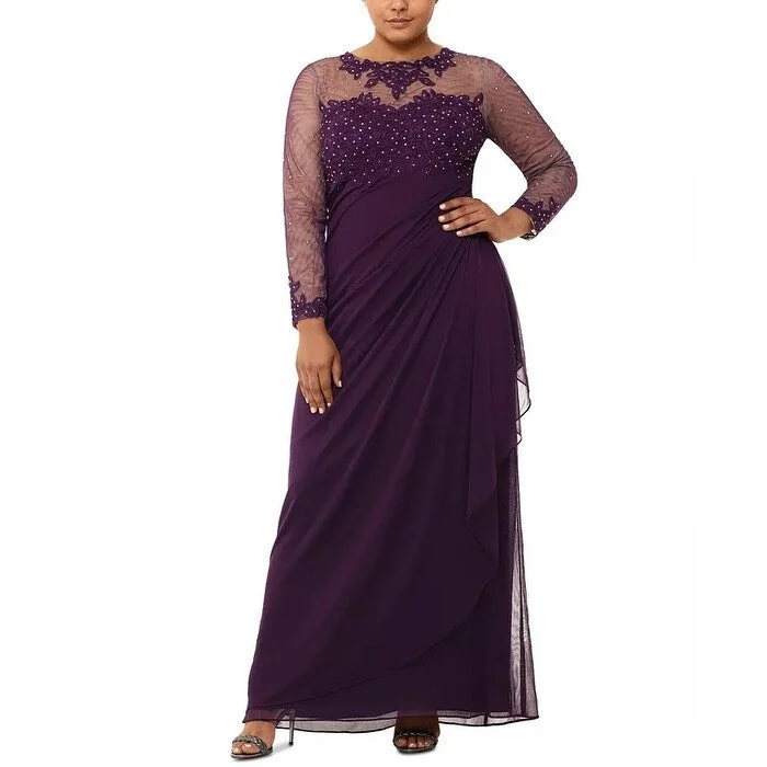 Xscape Women's Embellished Illusion Long Sleeve Ruched Gown Purple Size 18W