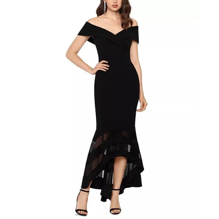 XSCAPE Women's Illusion Hem Off The Shoulder Gown Black Size 4 Petite - 4 Petite