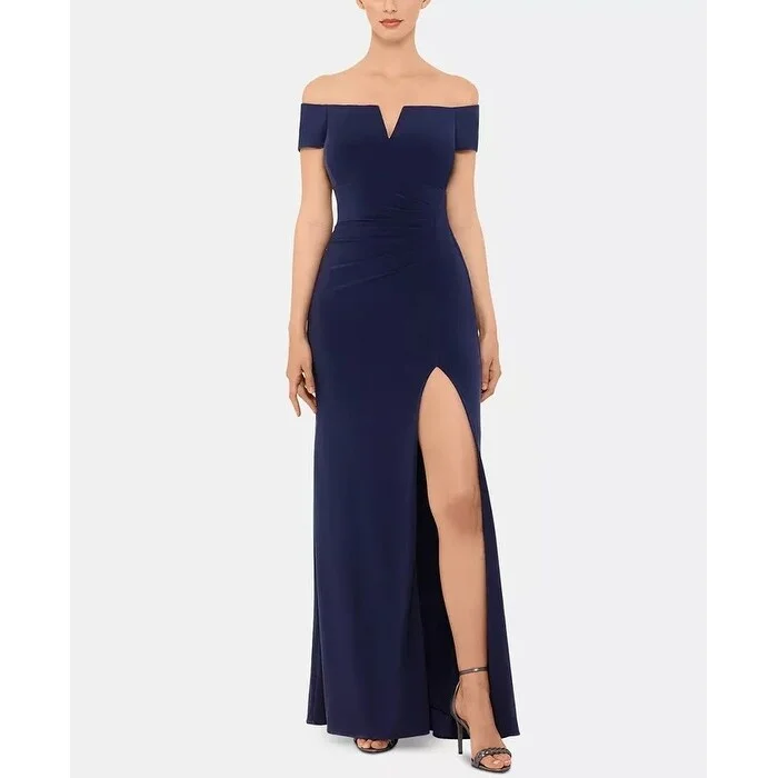 Xscape Women's Off The Shoulder Ruched Gown Navy Size 8 Petite - 8 Petite