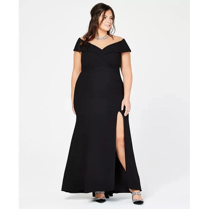 XSCAPE Women's Plus Off The Shoulder Slit Gown Black Size 18W