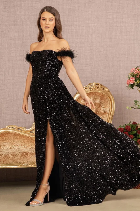 Off the Shoulder Feather Sequin Velvet Mermaid Slit Gown Elizabeth K GL3163 - Women Formal Dress - Special Occasion/Curves