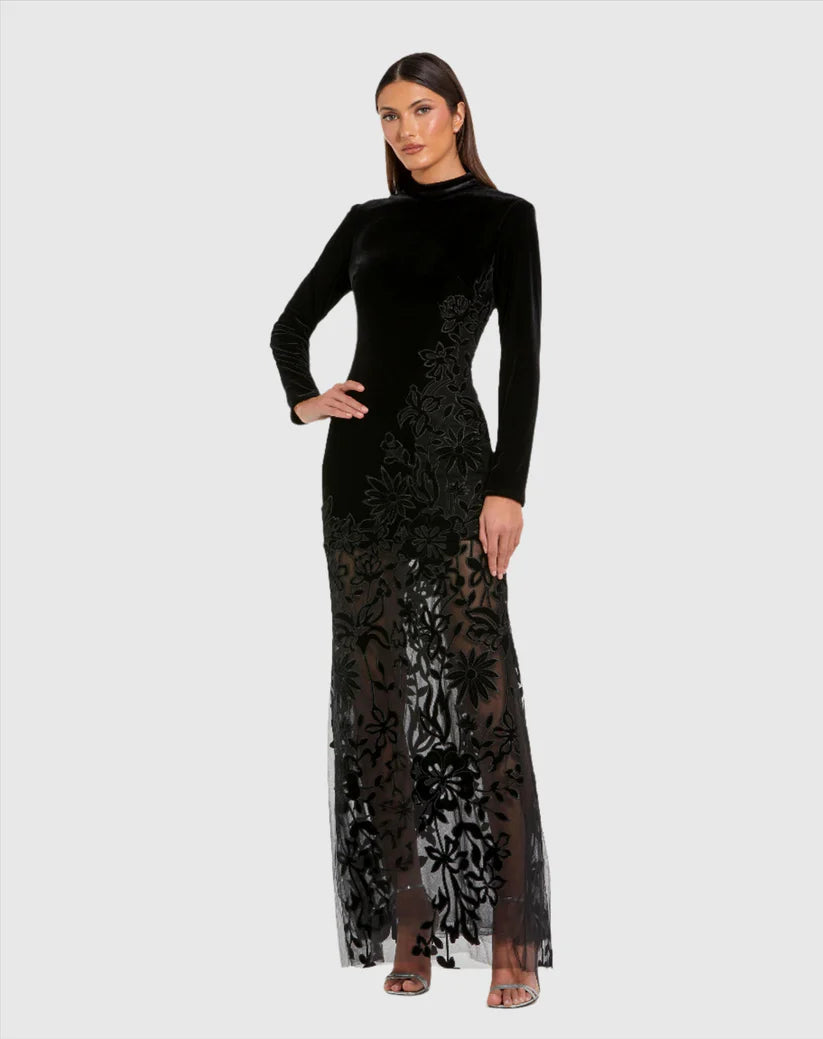 Long Sleeve Sheer Floral Embroidered Velvet Gown - Mac Duggal 20756