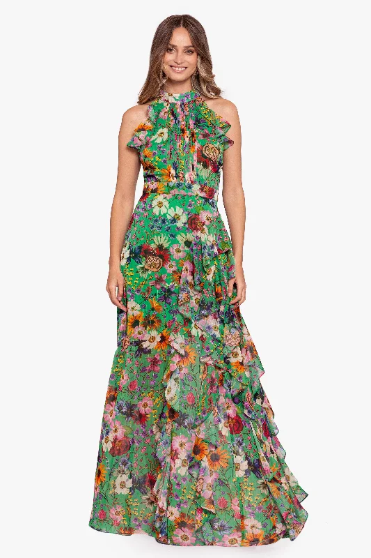 "Cameron" Long Chiffon Print Halter Flutter Dress