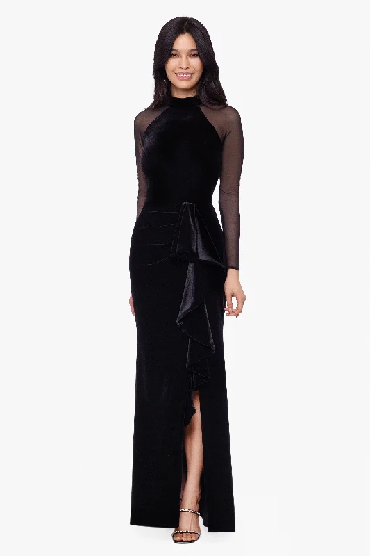 Petite "Valentina" Long Velvet Mesh Illusion Sleeve Dress