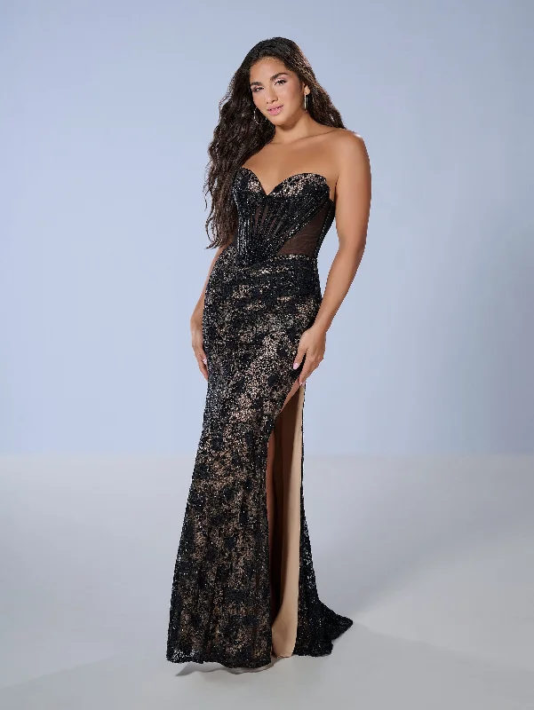 Beaded Lace Strapless Slit Gown by Tiffany Designs 16236