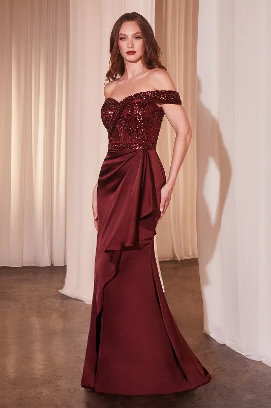 Beaded Satin Fitted Off Shoulder Gown by Ladivine CR877