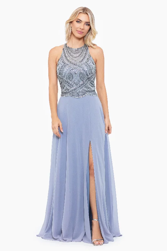 "Brianne" Long Chiffon Beaded Halter Top