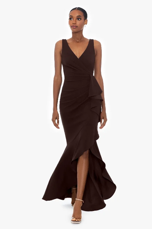 "Candace" Long V- Neck Hi Low Cascade Dress