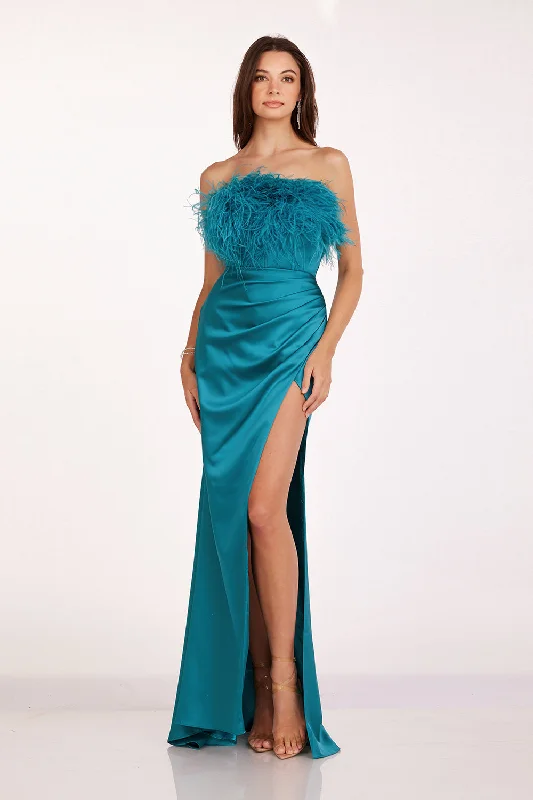 Feather Strapless Satin Gown by Abby Paris 90200